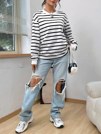 Lea - Bluzka damska basic w paski z długim rękawem