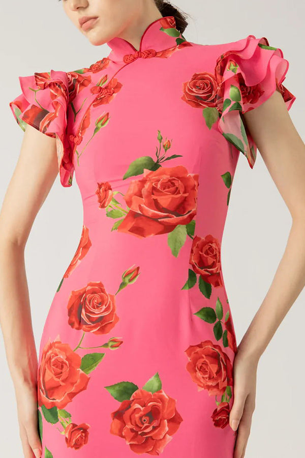 Lina – Elegant Rose Floral Print Tiered Flare Sleeve Maxi Dress for Women - Image 12