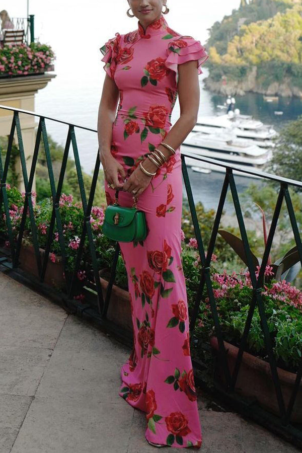 Lina – Elegant Rose Floral Print Tiered Flare Sleeve Maxi Dress for Women - Image 1