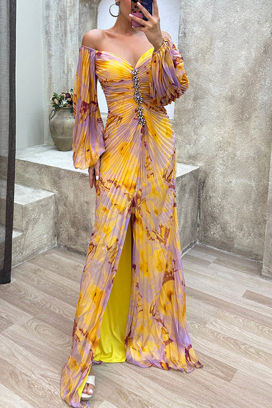 Emilia – Elegant Printed Off Shoulder Diamond Slit Maxi Dress Dress - Image 13