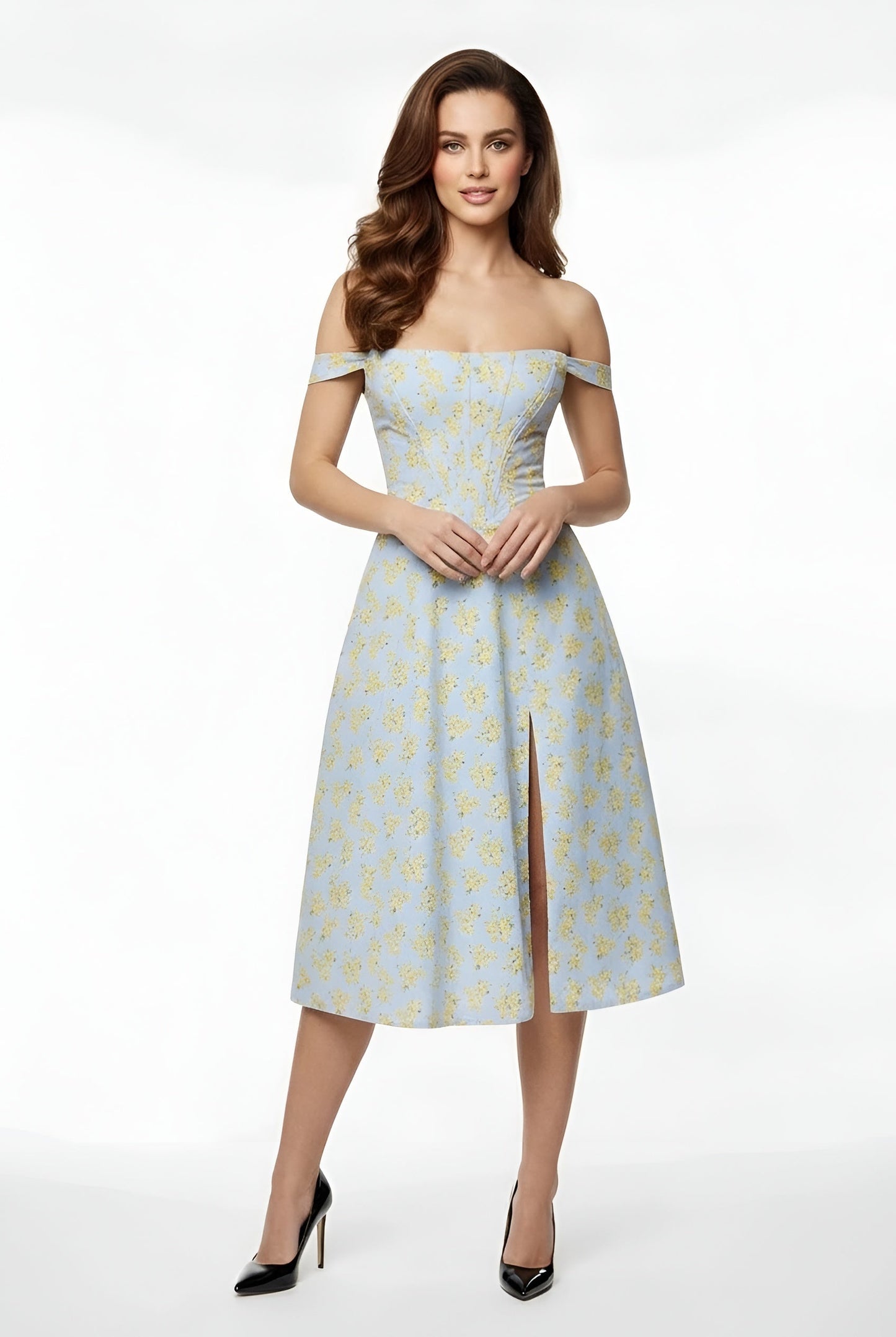 Franziska – Elegant off shoulder party dress midi with slit for Women - Image 1