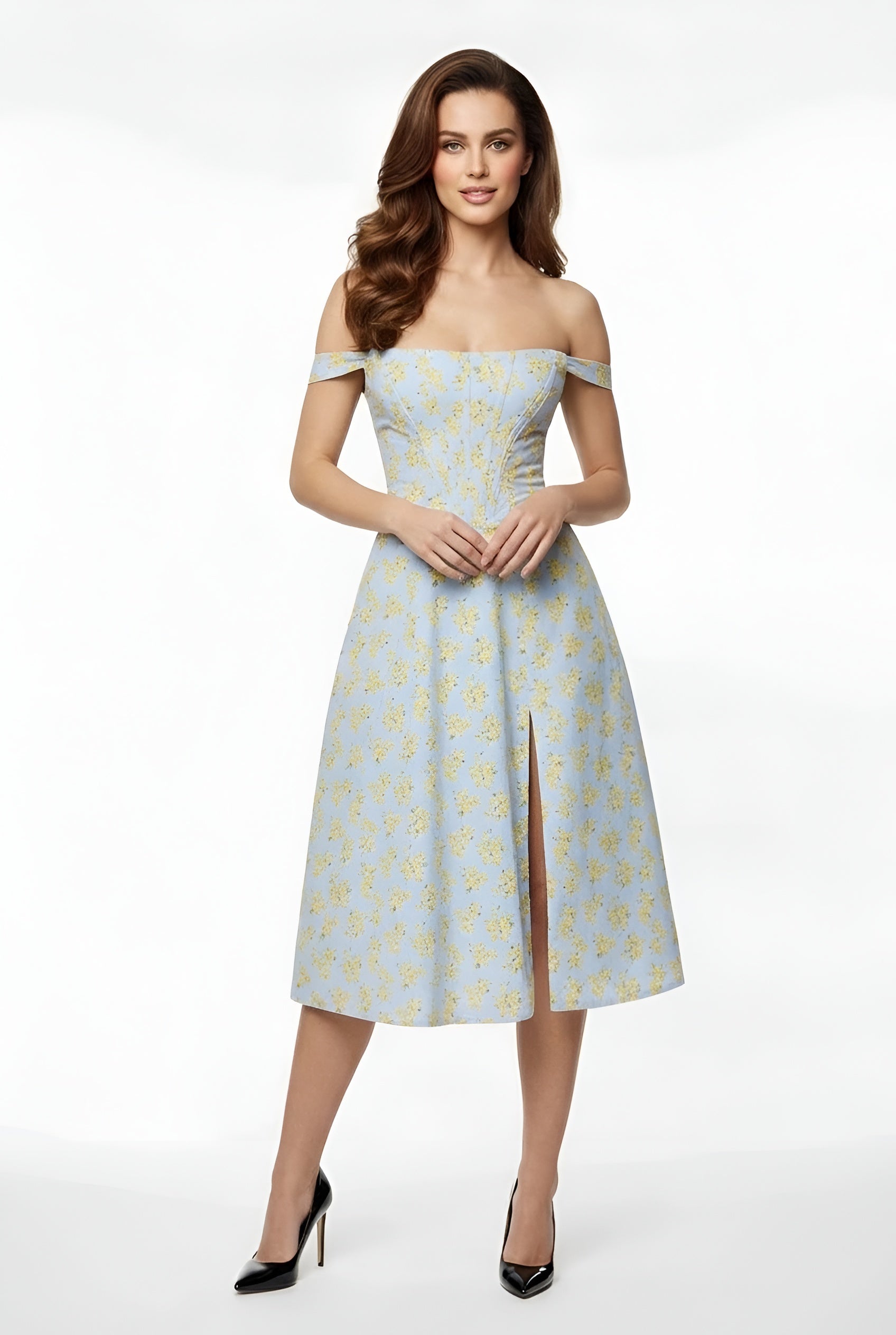 Franziska – Elegant off shoulder party dress midi with slit for Women - Image 1