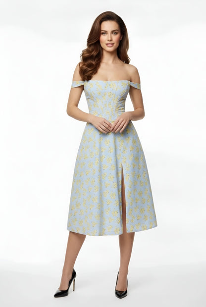 Franziska – Elegant off shoulder party dress midi with slit for Women - Image 1