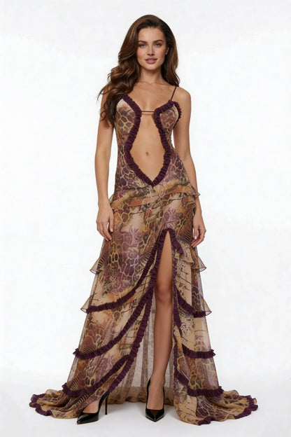 Theresa – Elegant  long dress with slit and deep neckline for Women - Image 1