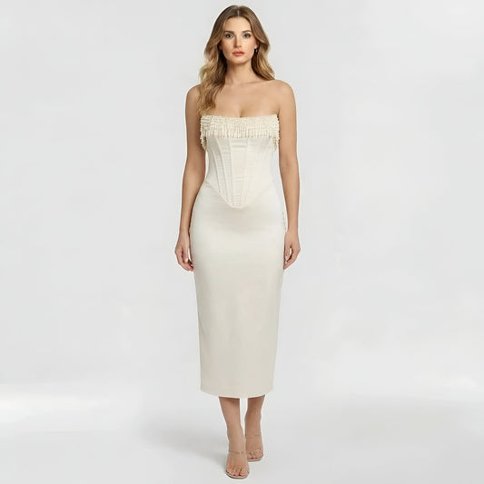 Brigitte – Elegant strapless fitted corset midi dress for Women - Image 1