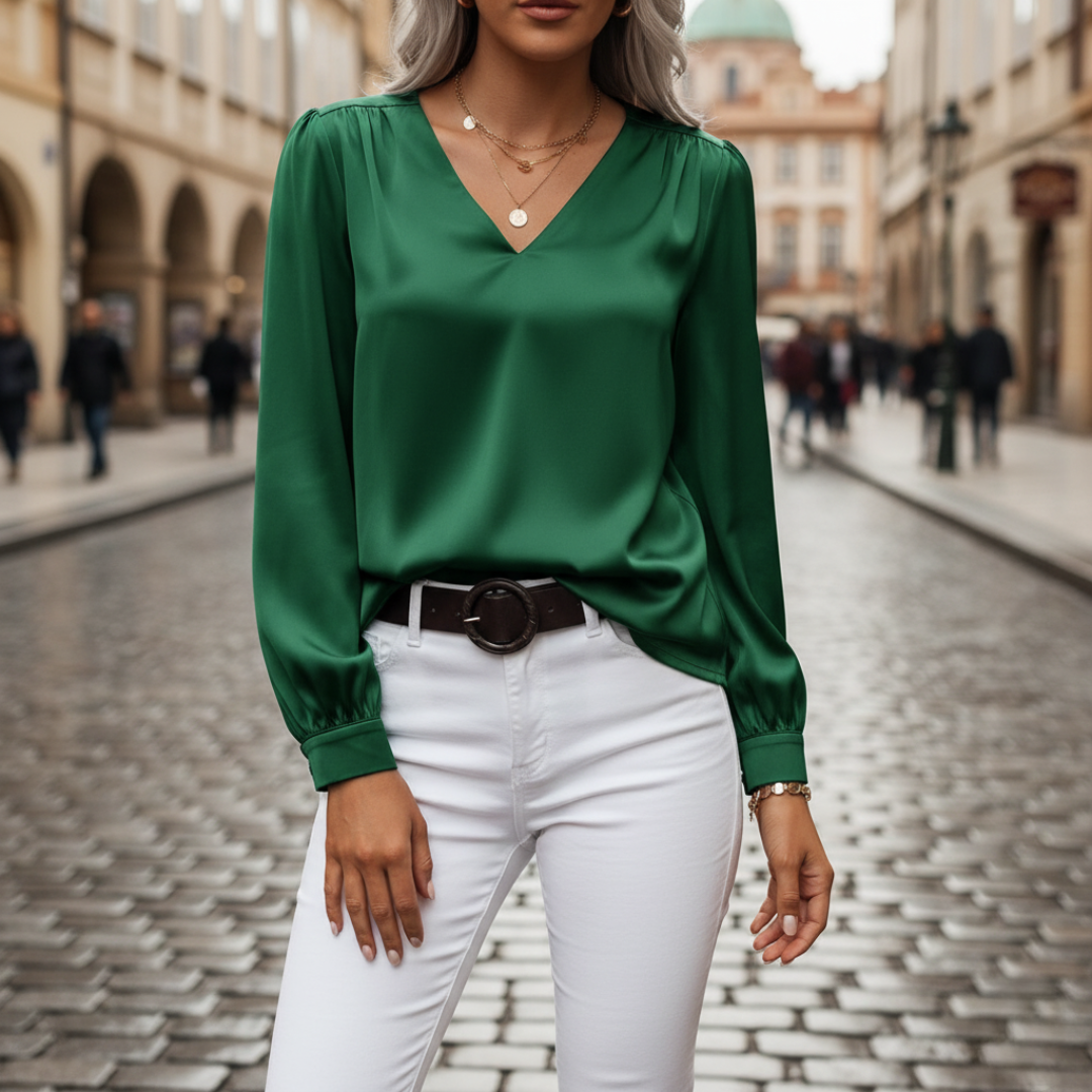 Yvonne – Women Satin blouse with V-neck - Image 10