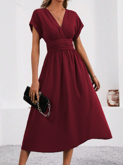 Thea – Elegant V-Neck Pleated Waist Dress - Image 2