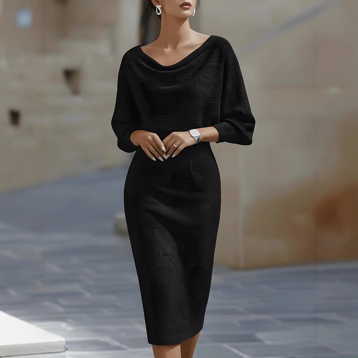 Helga – Draped Batwing Sleeves Dress - Image 4