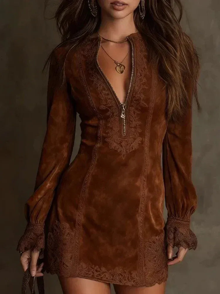 Elena - Embroidered Suede Mini Dress - Image 1