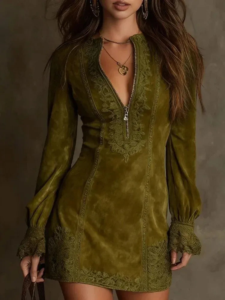 Elena - Embroidered Suede Mini Dress - Image 2
