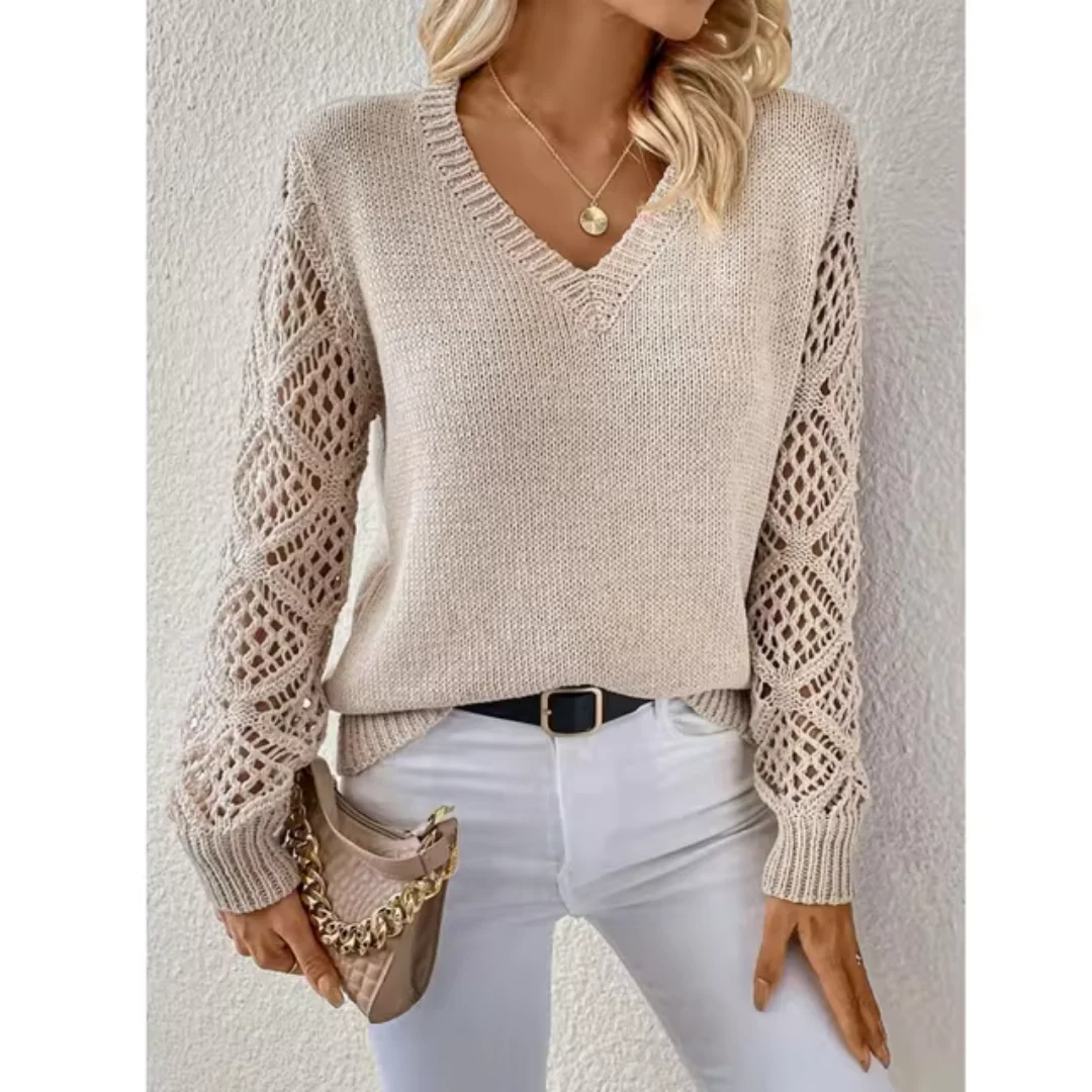 Damski sweter z dekoltem w kształcie litery V i teksturowanymi rękawami | L&V - 8 - Livia-Moda