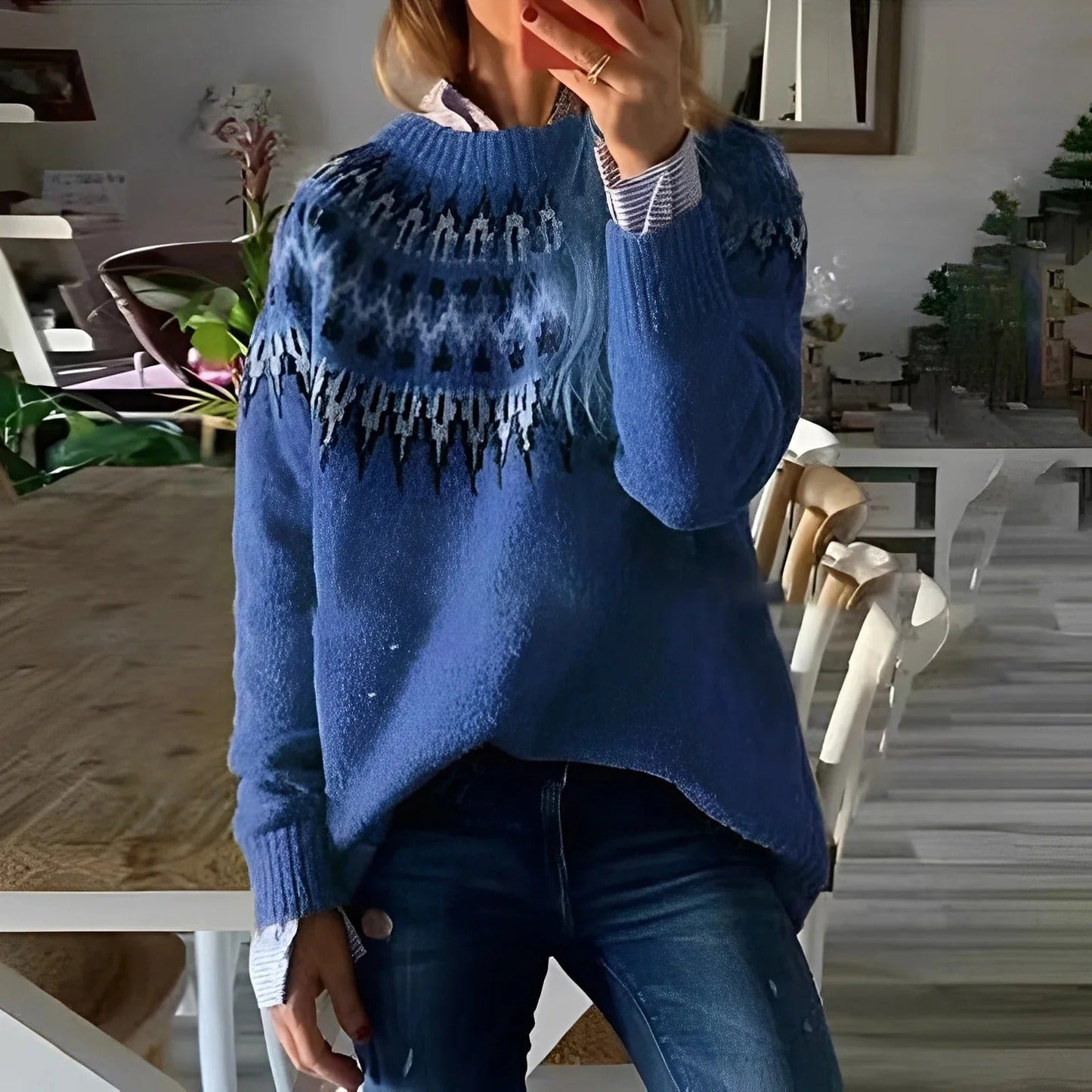 Selena - Sweter damski różowy zimowy z golfem i wzorem norweskim