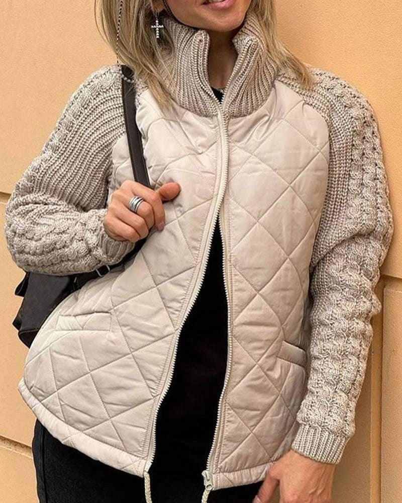 Kurtka damska pikowana z wysokim kołnierzem i dzianinowymi rękawami | L&V - 1 - Livia-Moda