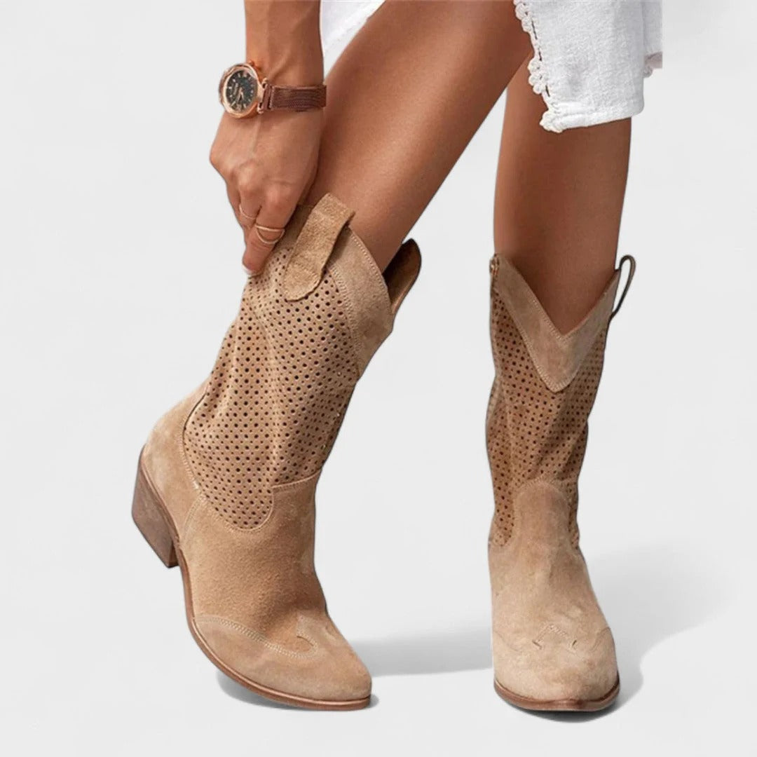 Damskie buty w stylu westernowym z perforowanym wzorem i obcasem blokowym | L&V - 2 - Livia-Moda