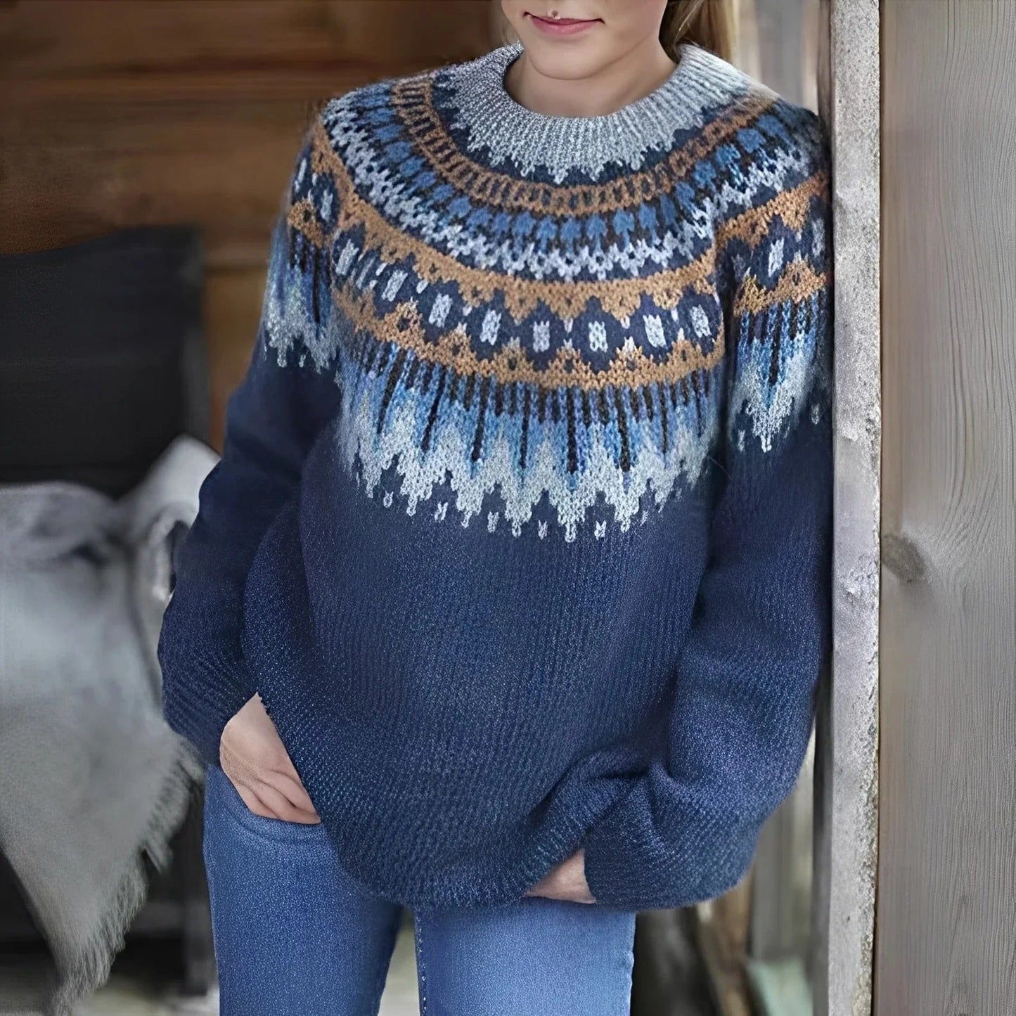 Selena - Sweter damski różowy zimowy z golfem i wzorem norweskim