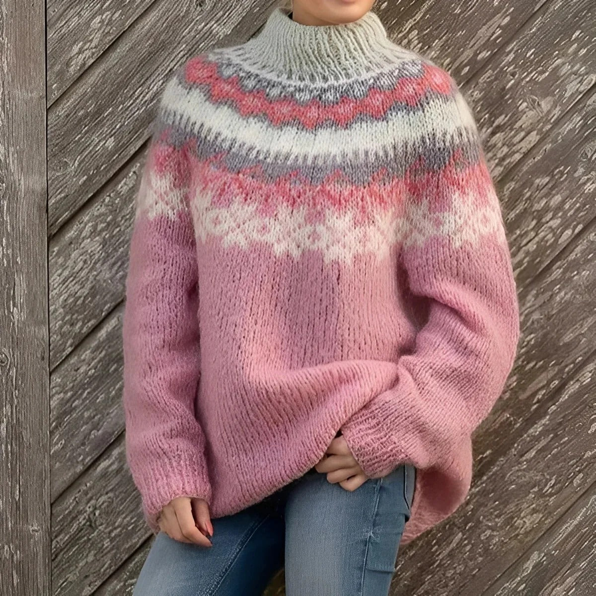 Selena - Sweter damski różowy zimowy z golfem i wzorem norweskim