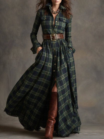 Helena – Damska długa sukienka koszulowa w kratę