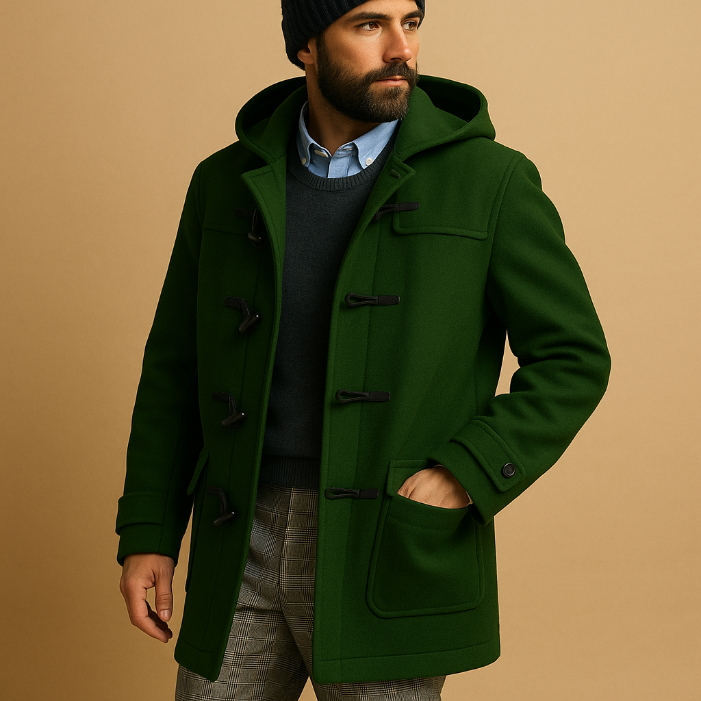 Men’s long winter coat with insulating fabric and extended cut, designed for warmth, comfort, and style during cold days.
