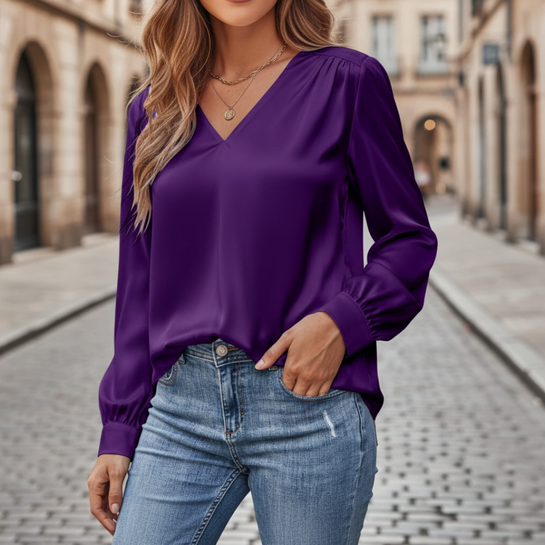 Yvonne – Women Satin blouse with V-neck - Image 14