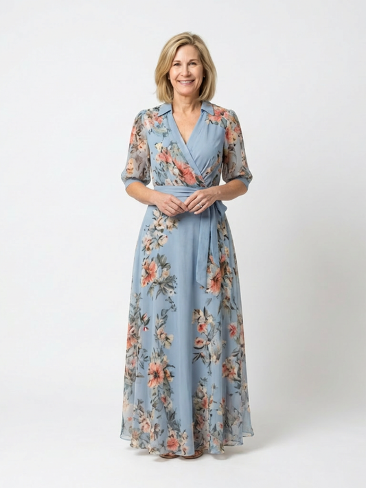 Ingrid – Damenkleid mit Blumenmuster und V-Ausschnitt - Image 1