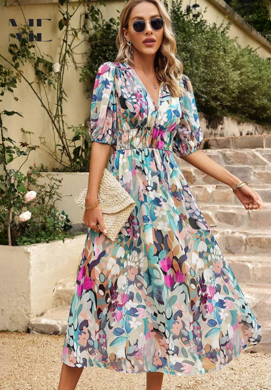 Yvonne – Women Floral V Neck Midi Dress - Image 1