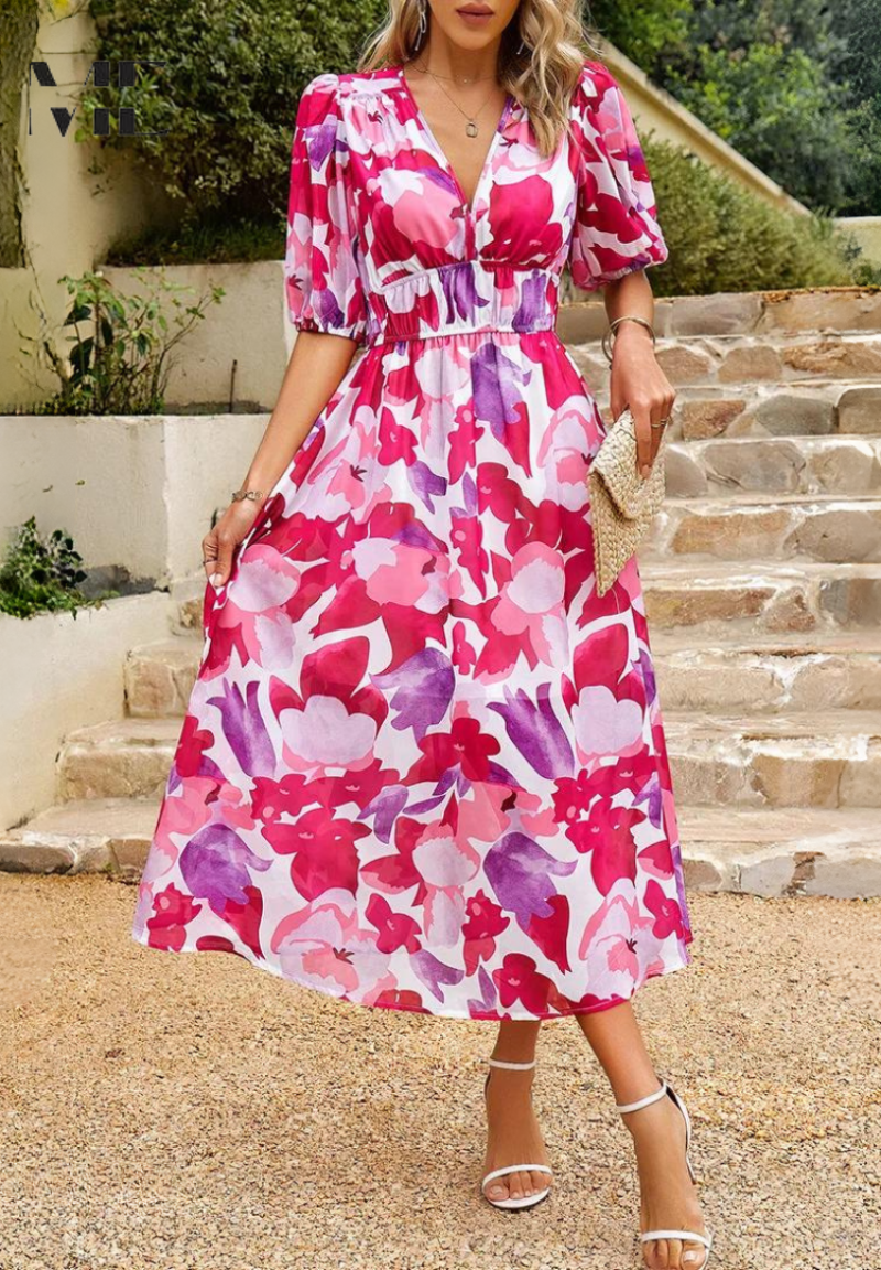 Yvonne – Women Floral V Neck Midi Dress - Image 4