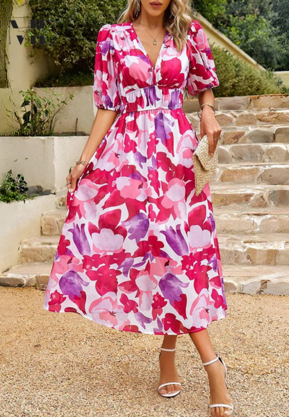 Yvonne – Women Floral V Neck Midi Dress - Image 4