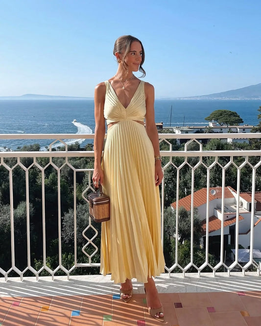 Thea – Women Pleated Cutout Waist Maxi Dress - Image 1