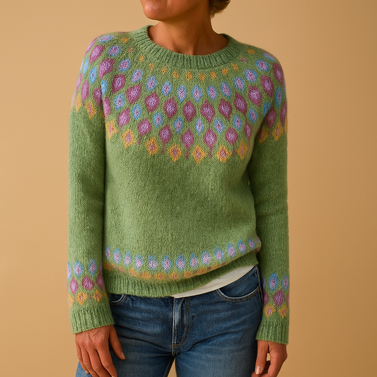 Women’s wool sweater with unique print, classic fit, and soft wool blend. Perfect for casual outfits or chic layered styles in autumn and winter.