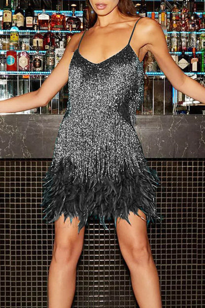 Yvonne Sequin Stylish Feather Cocktail Dress